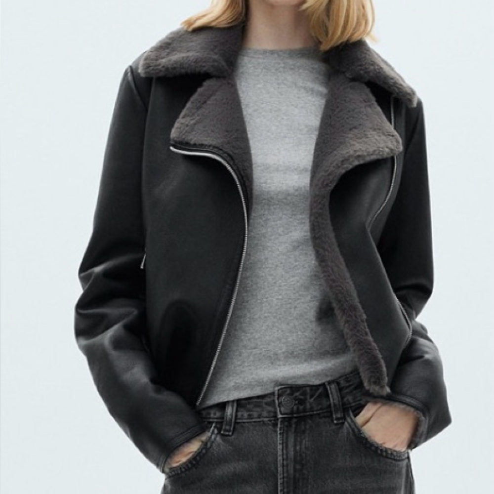 Mango Black faux Leather Jacket with Gray Fur Lining